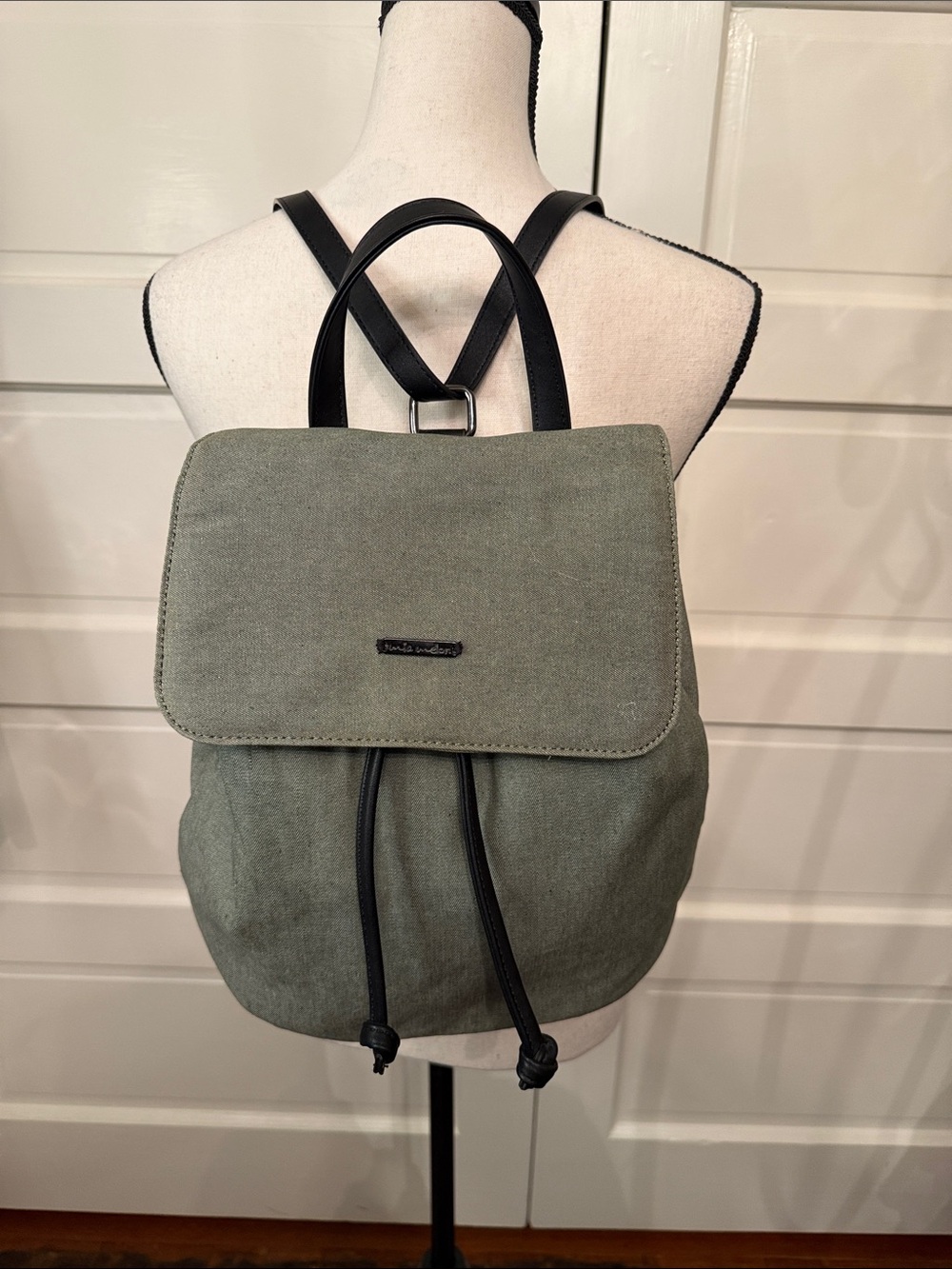 Mia Melon Sage Green Canvas Drawstring Backpack Travel Everyday Bag
